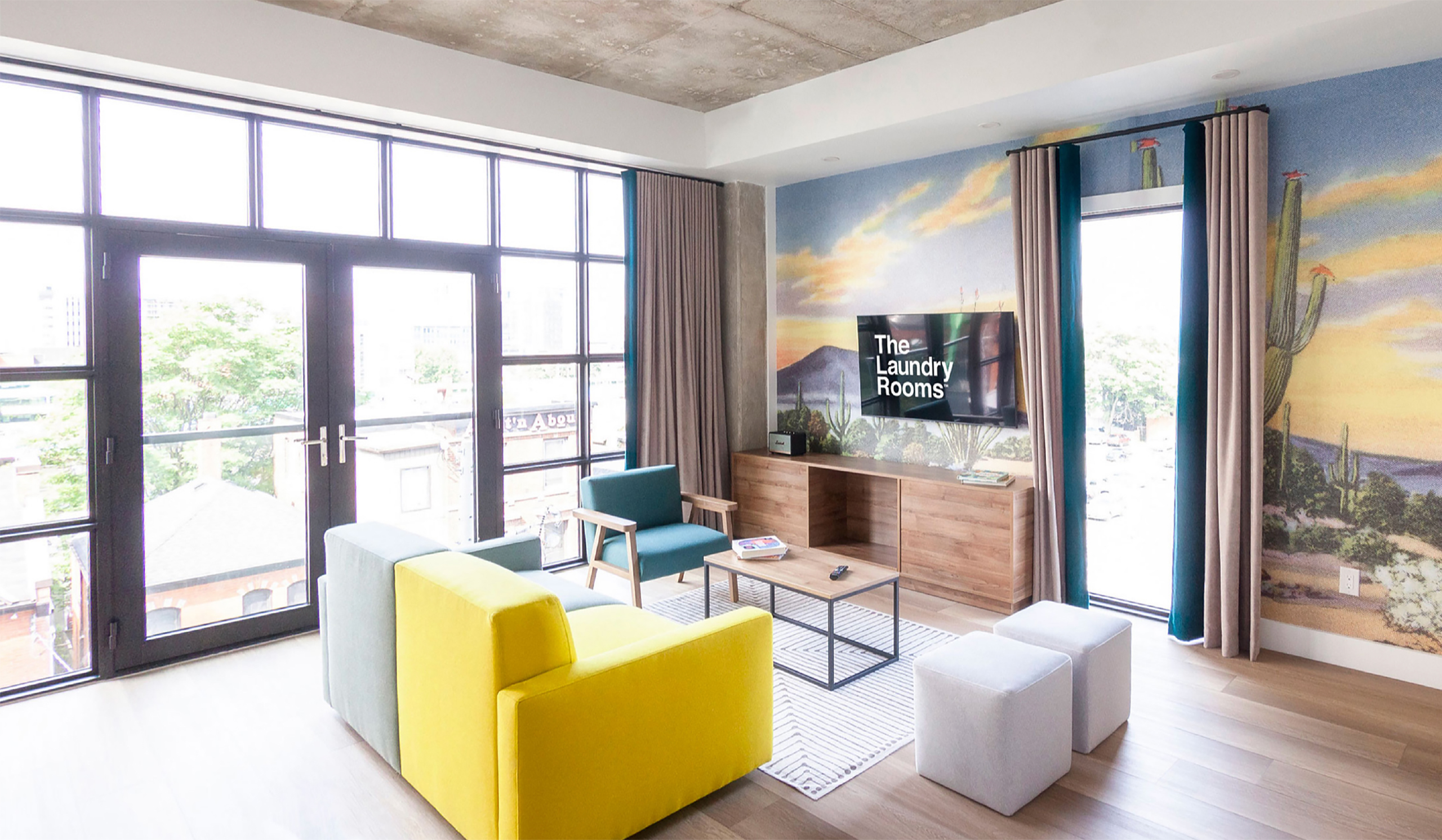 Bright and modern living room at The Laundry Rooms hotel on Augusta Street in Hamilton